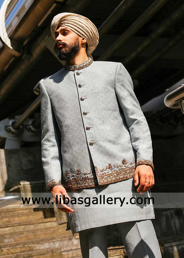 ice blue luxury embroidered prince coat groom prince coat UK with hand work and band collar Dubai Kurta flared trouser